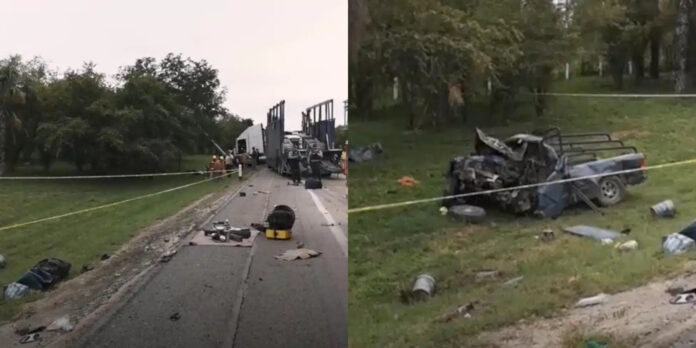 Una camioneta con jornaleros fue impactada por un tráiler.