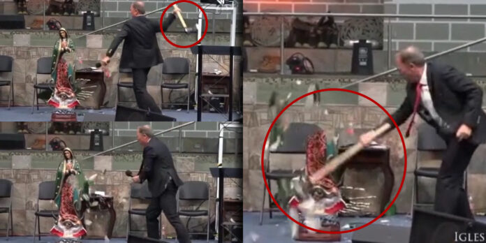 El pastor Kevin T. Wynne de la Iglesia Bautista Monte Sión colocó una imagen de la Virgen de Guadalupe y la comenzó a destrozar.